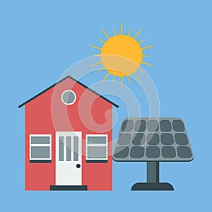Vector icon solar panel. House and sun.