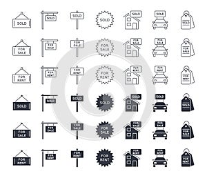 Vector icon sold, for sale, for rent. Editable stroke. Set of linear and silhouette icons. Sale sign of car, real estate, land.