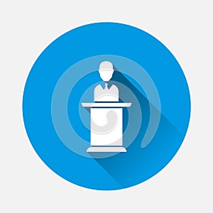 Vector icon speaker on the podium. Politician broadcasting from the podium with microphone on blue background. Flat image with