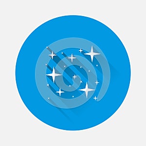 Vector icon of the star, starry sky, shine of purity on blue background. Flat image star with long shadow. Layers grouped for