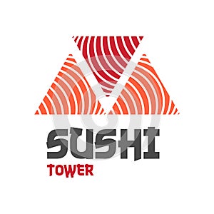 Vector Icon Style Illustration Logo of Asian Street Fast Food Bar or Shop, Sushi, Maki, Onigiri Salmon Roll with Chopsticks