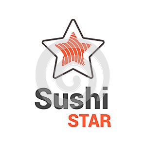 Vector Icon Style Illustration Logo of Asian Street Fast Food Bar or Shop, Sushi, Maki, Onigiri Salmon Roll with Chopsticks