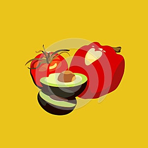 Vector icon of vegetables. Colorful paprika, avocado and tomato