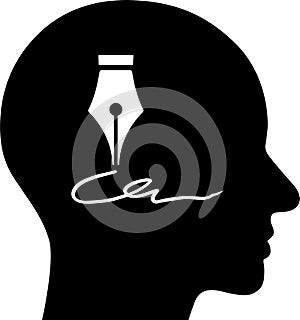 Vector icon of a writing pen in the human head as a concept of memory and remembering