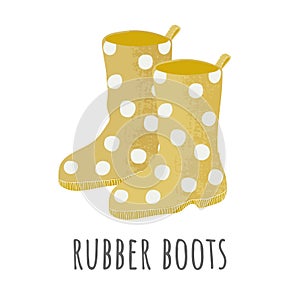 Vector icon of yellow rubber boots with white dots in flat style with texture.  Garden hand drawn design.