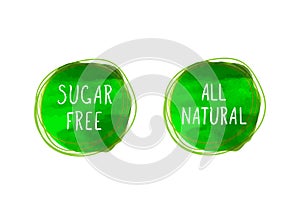 Vector Icons: All Natural and Sugar Free, Healthy Products Concept, Drawn Green Circles.