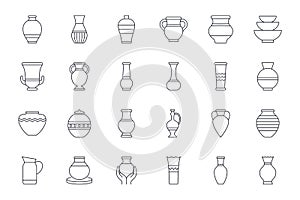 Vector icons amphora, vase, pottery. Editable stroke. Ancient and modern tableware, ceramic bottle, museum piece, Greek art. Line