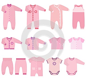 Vector icons of baby clothes for girls