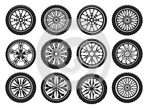 Vector icons of car tires, light alloy wheel rims