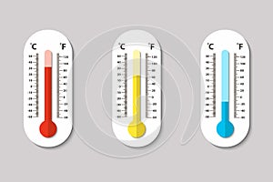 Vector icons of Celsius and Fahrenheit meteorology thermometers measuring heat, normal and cold in flat style. Design