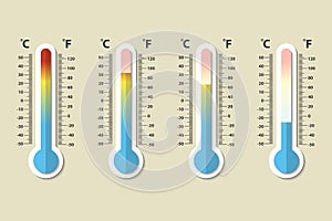 Vector icons of Celsius and Fahrenheit meteorology thermometers measuring heat, normal and cold in flat style. Design