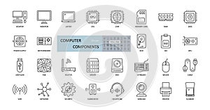 Vector icons of computer components. Editable Stroke. Parts of a PC, such as RAM memory, hdd ssd cpu processor. Keyboard mouse