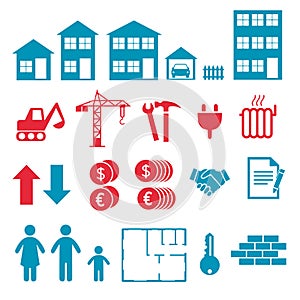 Vector icons for creating infographics about house and apartment building, buying and renting market