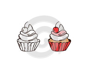 Vector icons of cupcake with cherry