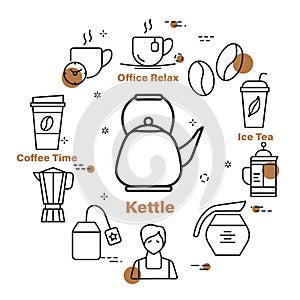 Vector icons with different cups kettles and coffeemakers