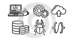 Software development icons with laptop coding cup gears cloud upload database bug and code brackets vector set