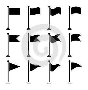 Vector icons of flag and pennant shapes with pole for start, finish pictogram, banner, location, map destination. Small waving