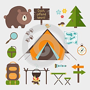 Vector icons forest camping set