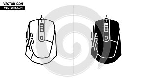 Vector icons of a gaming computer mouse in outline and solid black styles gaming mouse outline icon