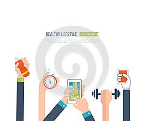 Vector icons of healthy lifestyle, fitness and physical activity