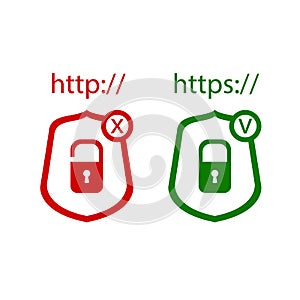 Vector Icons: http and https Protocols with Lock, Check and Cross: Red and Green Colors.