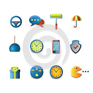 Vector icons for mobile app interface: chat security clock wheel