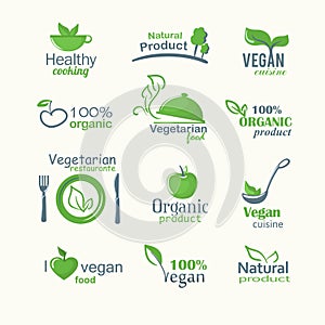 Vector icons of organic natural food, vegan and vegatarian signs