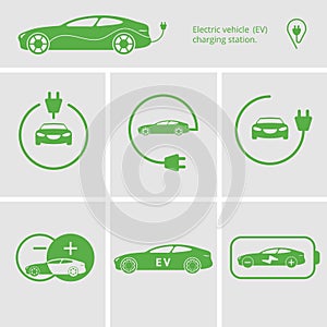 Vector Icons pin point electric vehicle charging station. Isolated electric car. Symbols hybrid cars. Future concept.