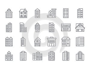 Vector icons of residential buildings. Set line symbols editable stroke. Multistorey buildings with doors and windows. Office