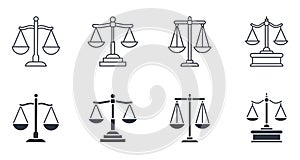 Vector icons scales of justice. Set symbols editable stroke. Line and silhouette icons. A sign of justice, fair trial and law.