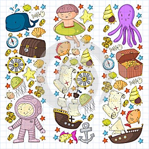 Vector icons of sea ocean adventure for little children. Nautical pattern for kids. Whale, pirates, pirate map, treasure