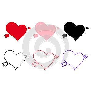 Vector icons set of different hearts pierced with arrow on white background