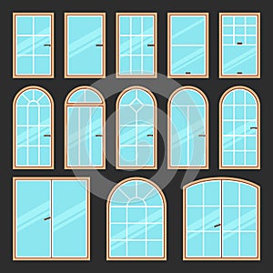 Vector icons set of different types of windows black and white. Architecture frame silhouette . Building element