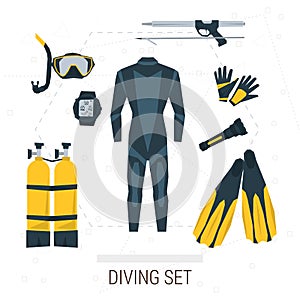 Vector icons set of diving items