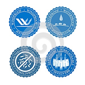 Vector icons set of fabric features. Wind proof, antibacterial, waterproof, and breathable wear labels. Textile industry