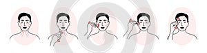 Vector icons set of facial massage by face roller with woman showing how to apply quartz massager