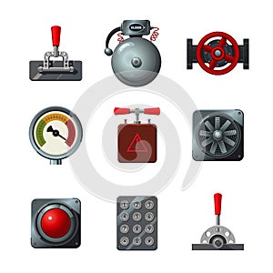 Vector icons set with industrial design elements. Analog interface object isolated on white. Levers, switches, buttons