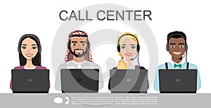 Vector icons set multiracial Male and female call center avatars in a cartoon style with a headset, conceptual of
