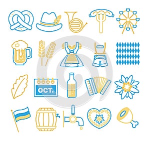 Vector icons set related to German Oktoberfest, like dirndl, beer mug, pretzel or Bratwurst sausage