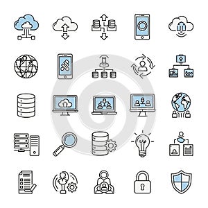 Vector Icons Set for Technology, Cloud Computing, and Data Management