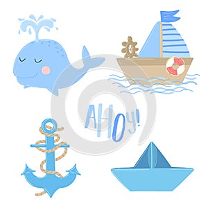 Vector icons of ship, anchor, whale, boat with the inscription Ahoy. Illustration on the sea theme for a boy sailor. Invitation ca