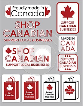 Vector icons showing support for local canadian businesses, reads: Buy Canadian, Shop Canadian, Support Local Businesses, Support