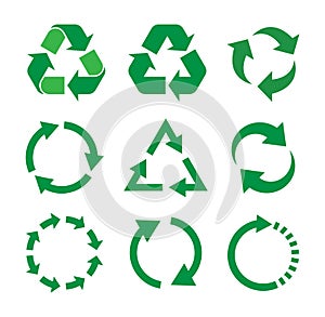 Vector icons and symbols of circle arrow of recycle, reuse, eco cycle. Logo sign of eco environment and waste, paper reuse. Round