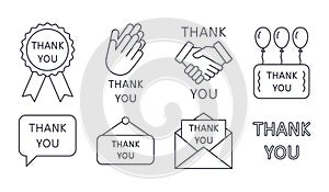 Vector icons Thank you. Editable stroke. Applause handshake letter icon. Balloons gift lettering. Line style on white background