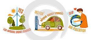 Vector icons of using natural energy sources, set