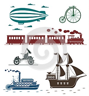 Vector icons of vintage means of transportation.