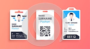 Vector id card template with clasp and lanyard. Blue and white color mock up set. Modern colorful icon collection. Employee ID.
