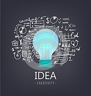 Vector idea concept. Bulb with hand drawn brainstorm, infographics around.