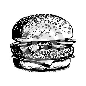 Vector iIllustration of burger in engraved style.
