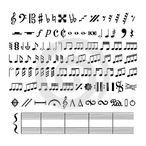 Vector iilustration of all music notes and symbols isolated on white background.